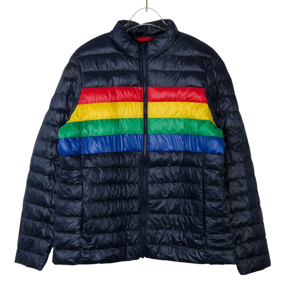 Primary Adult Puffer Jacket In Stripe Medium Unisex Fit Navy Blue Rainbow - Picture 2 of 6